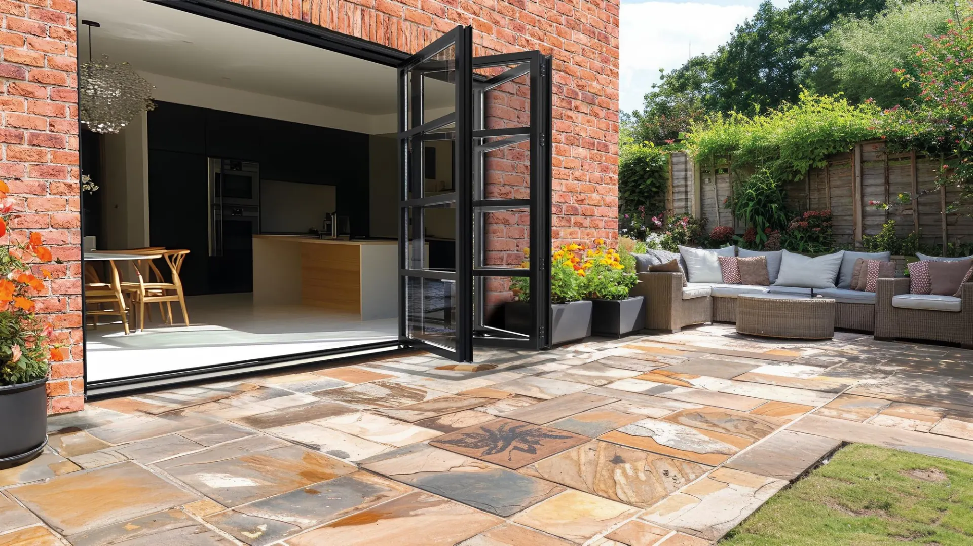 APX Fold black aluminium bifold doors folded open onto a patio