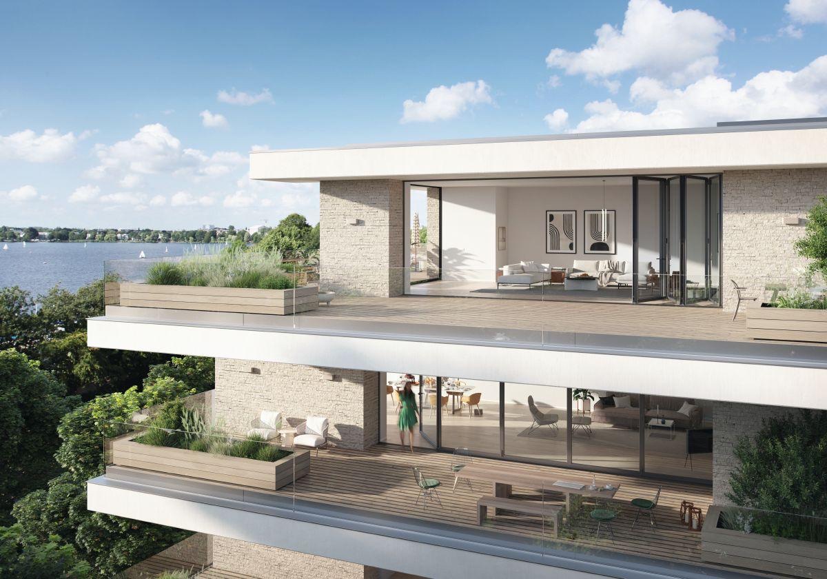 Sch&uuml;co AS FD 75 bifold doors folded back and stacked clear of a terrace opening