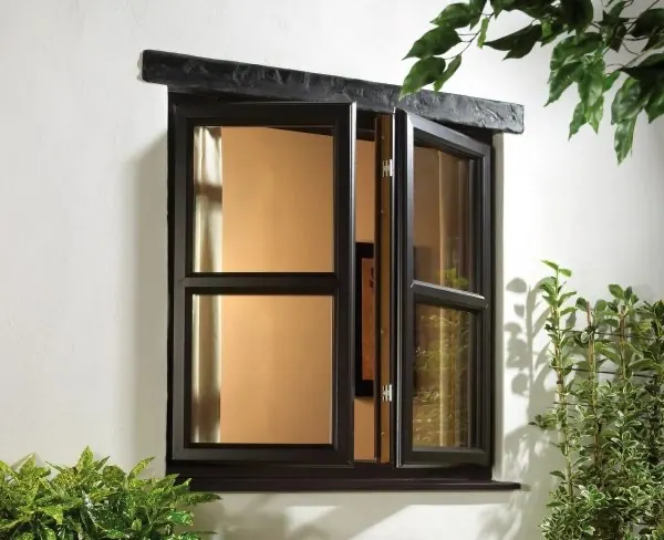 Black uPVC French casement window with both sashes fully open